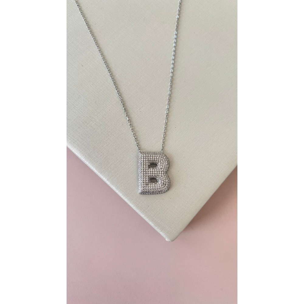 GARGANTILHA LETRA B PRATA 925 ZIRCONIAS 